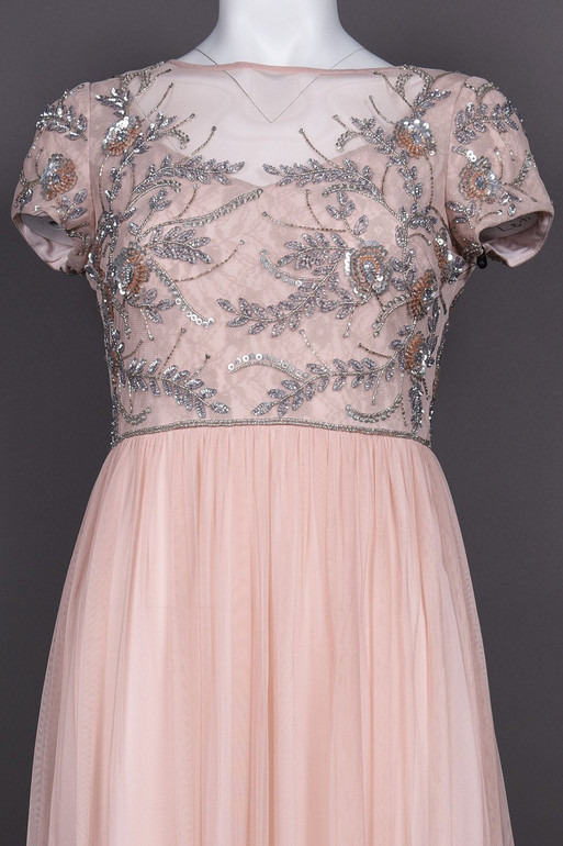 Adrianna Papell Short Sleeve Modest Formal Dress in Blush Pink, Modest Bridesmaid Dress