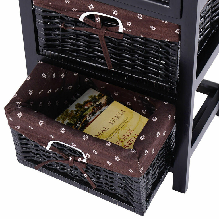 3-Tier 1-Drawer  End Table | Night Stand with 2 Wicker Baskets - Set of 2 in Black