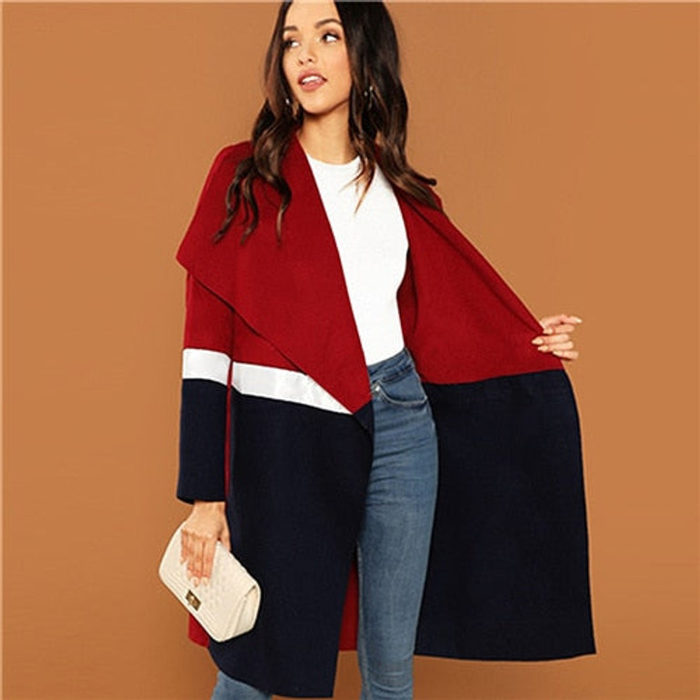 SHEIN Multicolor Waterfall Collar Color Block Coat Knee Length Outerwear Women Workwear Autumn Coats