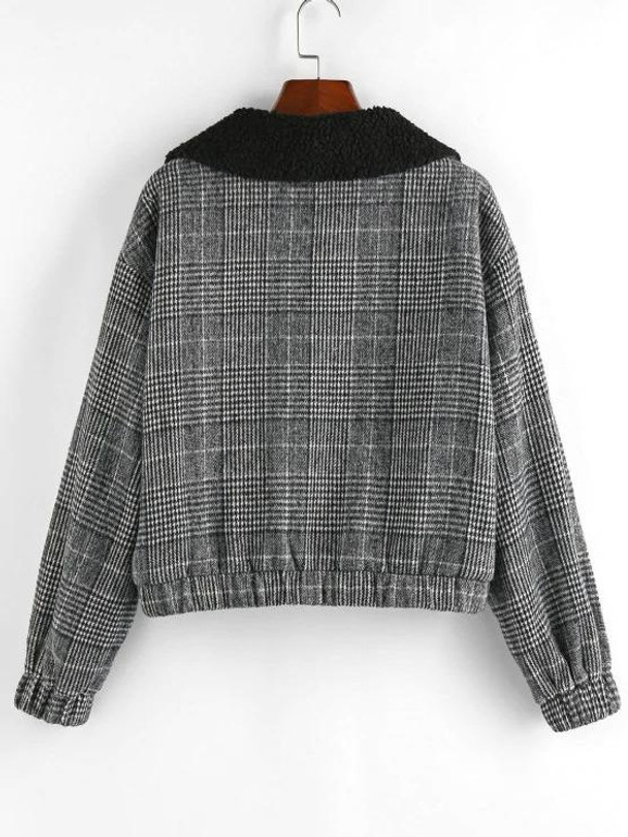 Houndstooth Plaid Teddy Lined Drop Shoulder Jacket