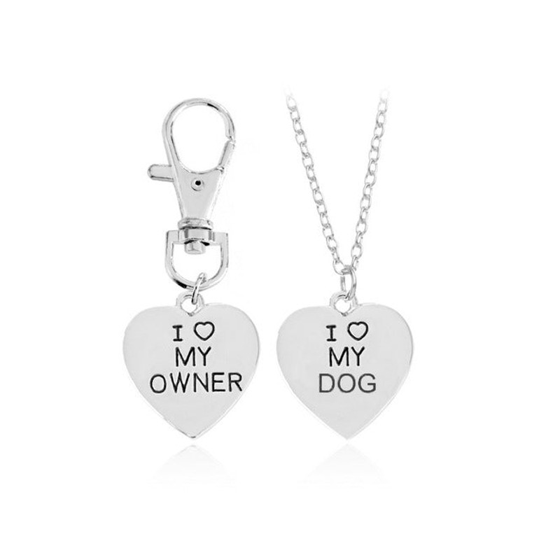 2pcs/set Gold Silver Heart I Love My Owner Dog Necklace Keychain Fashion Animal Best Friends Jewelry