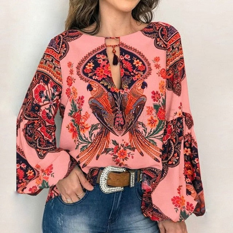 Floral Print Lantern Sleeve Shirt Sexy Lace-up Tassel O Neck Women Tops Spring