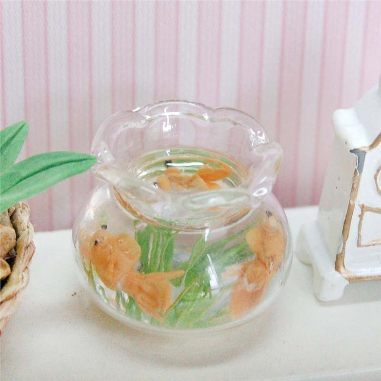 1/12 Dollhouse Miniature Fish Bowl Gold Fish Tank Doll House Pet (Golden)