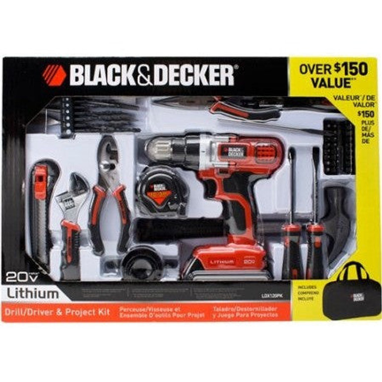 Black & Decker 68-Piece Project Kit with 20-Volt Lithium Drill/Driver, LDX120PK