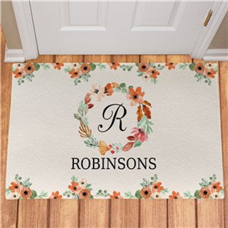 Personalized Watercolor Floral Wreath Doormat