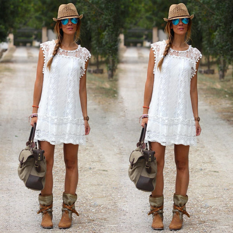 Sexy Lace Flare Sleeveless Hollow Out Loose Mini Short dress
