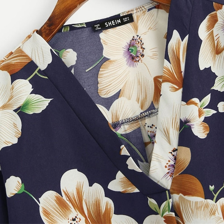 Navy Blue Floral V-Placket Curved Dip Hem Asymmetrical Blouse