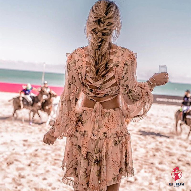 High Quality  Summer V-neck Sexy Backless Long Sleeve Floral Print Mini Dress High Quality  Summer V-neck Sexy Backless Long Sleeve Floral Print Mini Dress