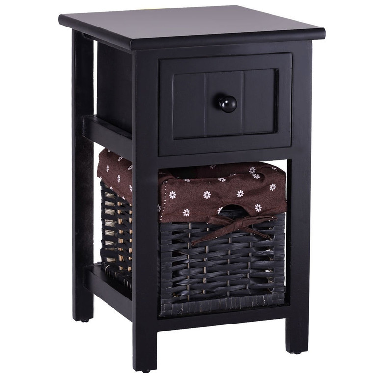 2 Tier 1 Drawer Bedside Organizer Wood Nightstand w/ Basket-Black