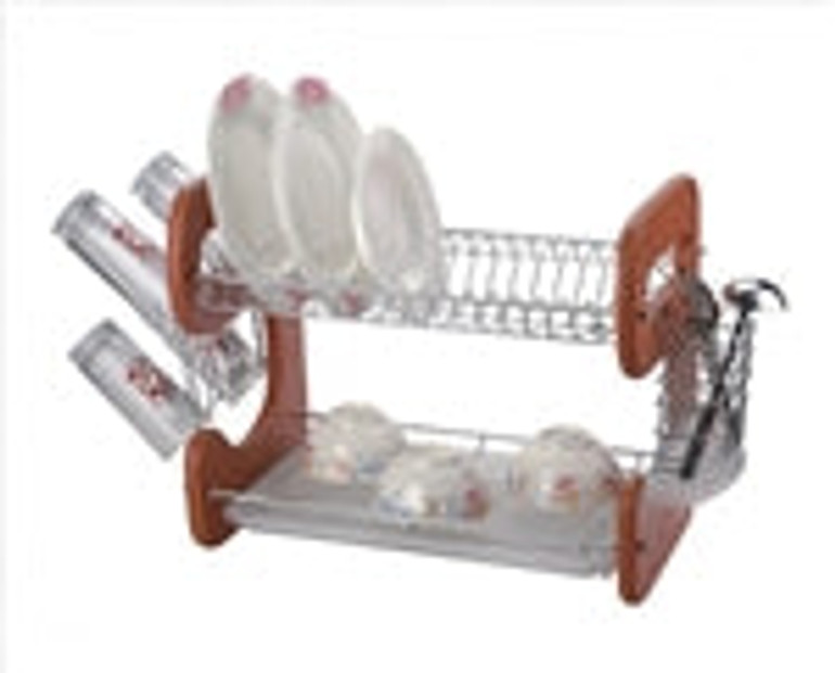 26" 2-Tier Chrome Double Tray Wood Dish Rack 26" 2-Tier Chrome Double Tray Wood Dish Rack