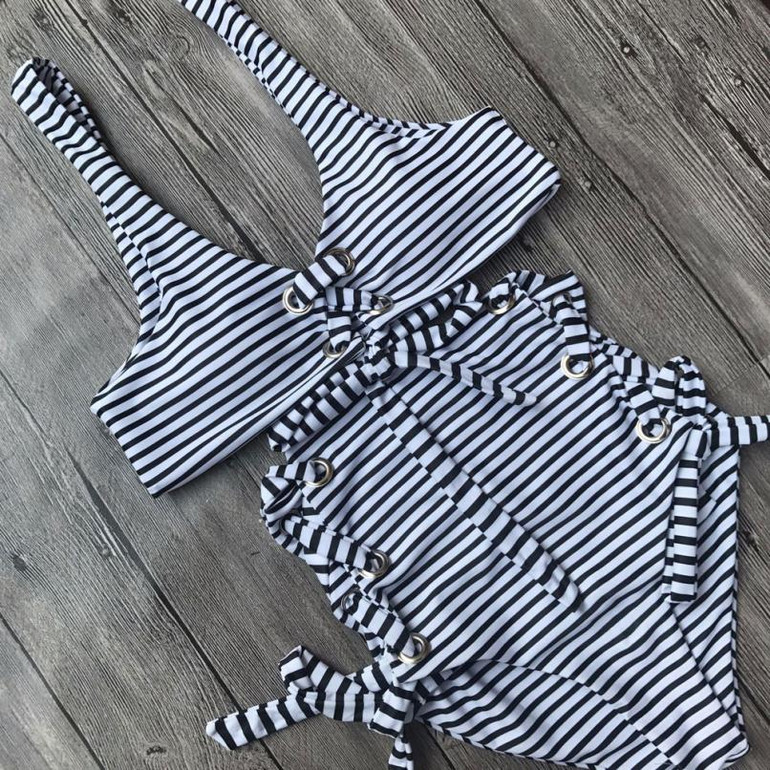 Stripe cutout lace up high waist 2 piece bikini