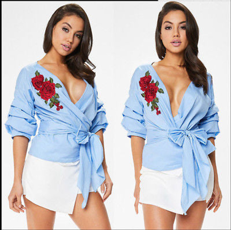 “Bella” rose detail wrap bow tie blouse