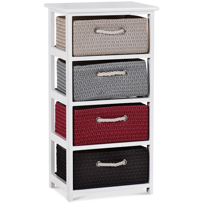 Wooden Storage End Nightstand with Weaving Baskets-4-Tier