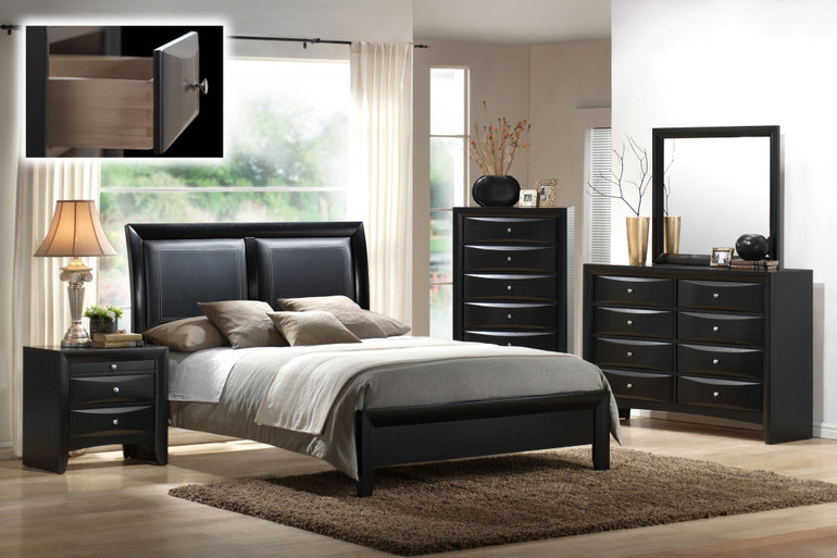 Blemerey 110 Wood and Bonded Leather Bed Room Set , Queen Bed, Dresser, Mirror, Night Stand, Chest, Black Finish