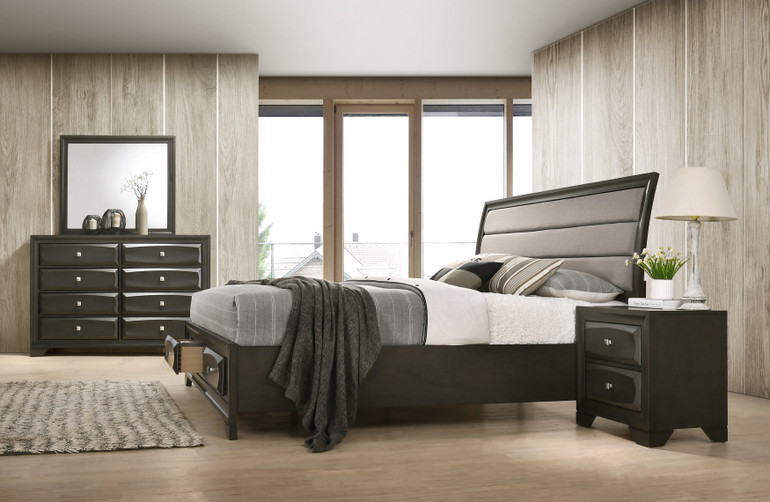 Asger Antique Gray Finish Wood Bedroom Set with Upholstered King Bed, Dresser, Mirror, Nightstand Asger Antique Gray Finish Wood Bedroom Set with Upholstered King Bed, Dresser, Mirror, Nightstand