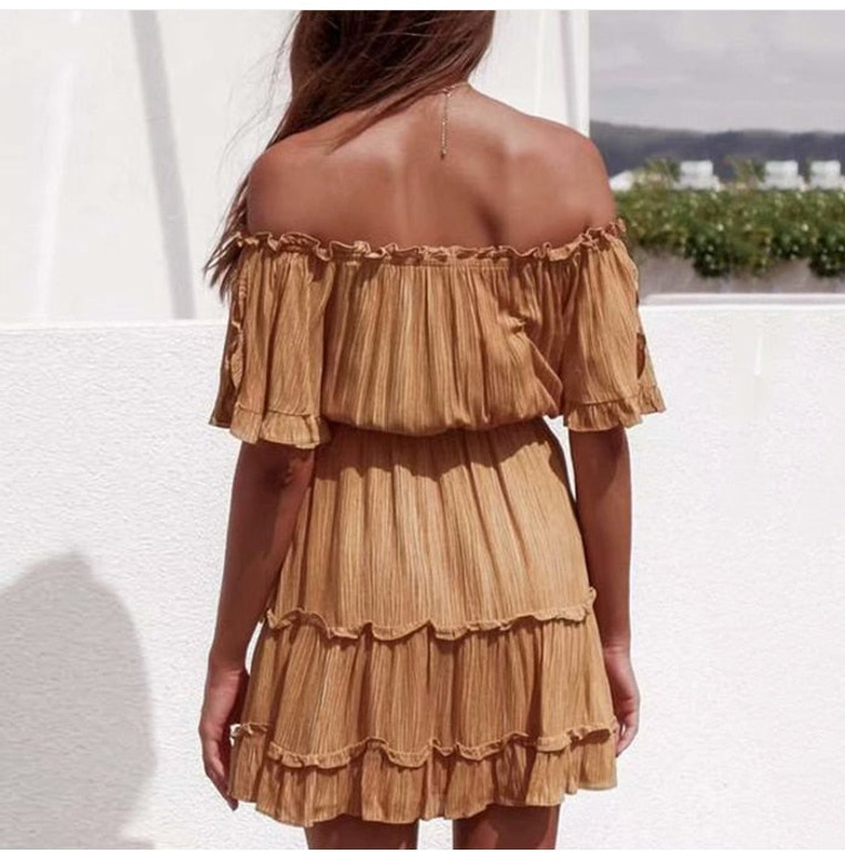 Sexy Off Shoulder Flare Sleeve Backless Mini Yellow Beach A Line Dress