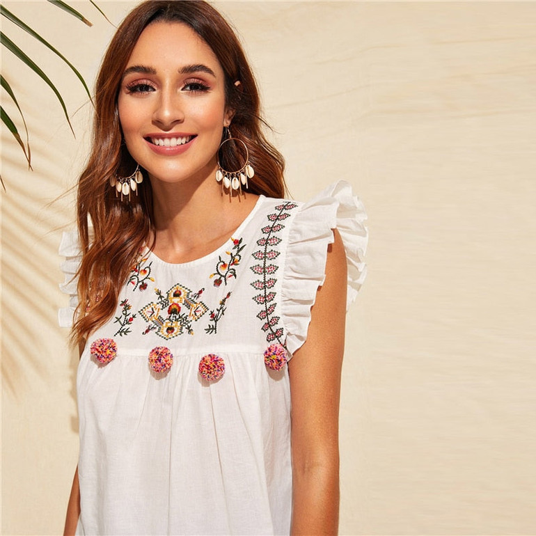 Cute Boho White Ruffle Trim Pompom Embroidery Top