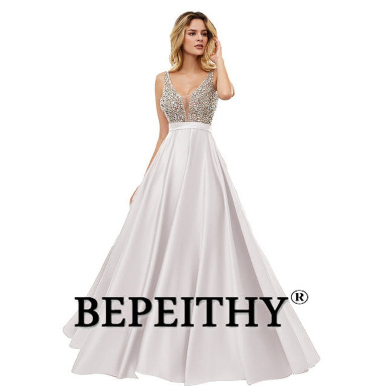 BEPEITHY V-Neck Beads Bodice Open Back A Line Long Evening Dress Party Elegant Vestido De Festa Fast Shipping Prom Gowns