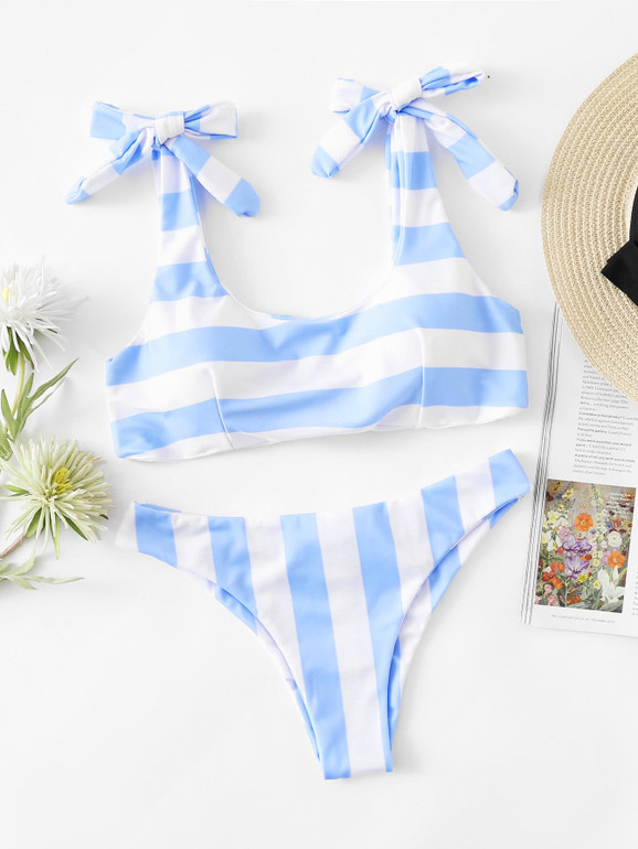 Striped Ruched Detail Bikini Set