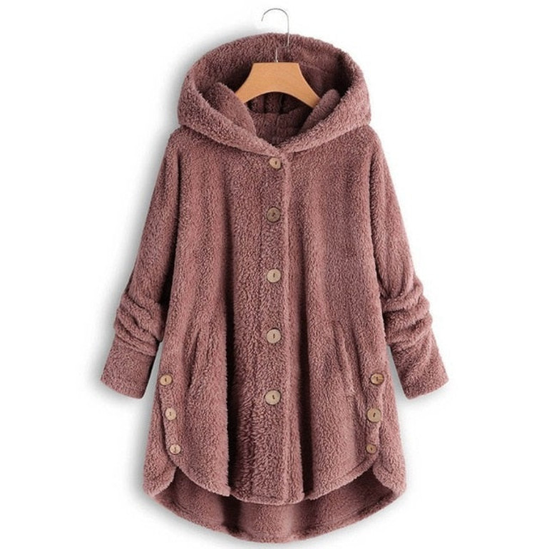 Coat Winter Casual Loose Solid Button Fleece Hooded For Women Coat Winter Casual Loose Solid Button Fleece Hooded For Women