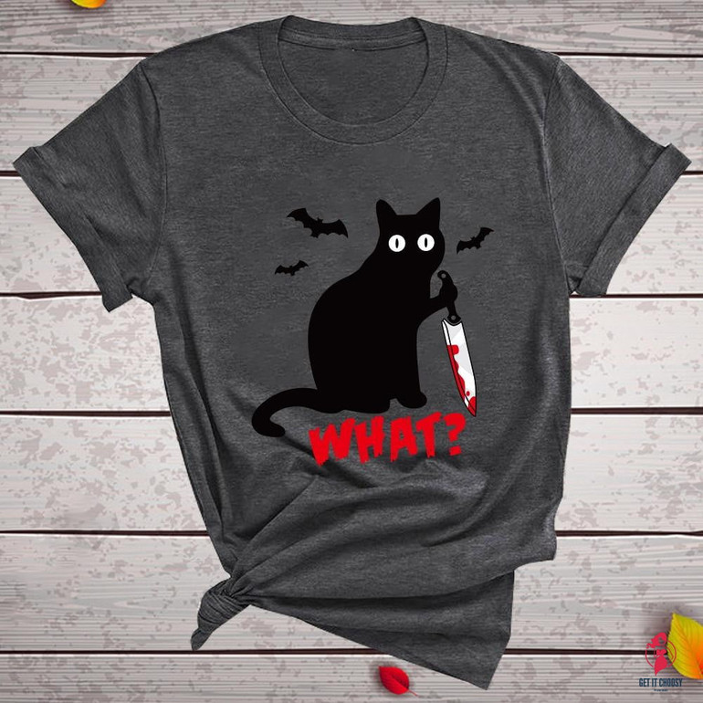 Black Cat What Tshirt Murderous Cat Knife Women Funny T Shirt Short Sleeve Halloween Tops Tees