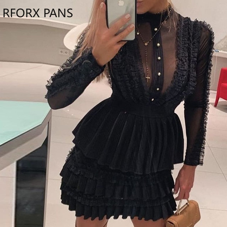 Mock Neck Sheer Mesh Insert Ruffles Buttoned Dress