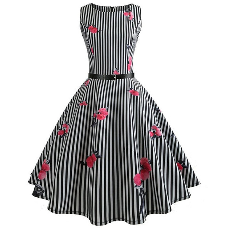 Black Stripes Sleeveless Scoop Neck 50s Dress with Rose Print