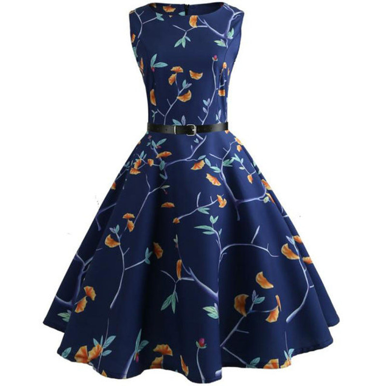 Blue Vine Print Sleeveless Scoop Neck 50s Dress