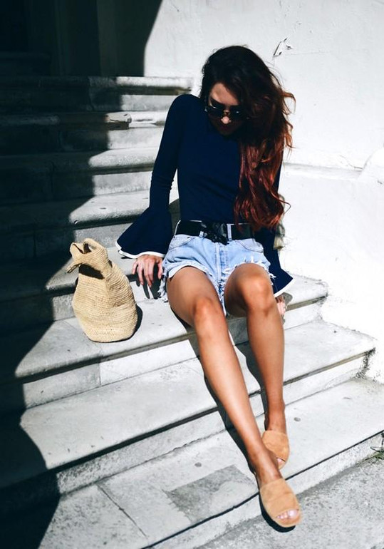 Sapphire Blue Patchwork Round Neck Flutter Sleeve Slim Fashion Blouse