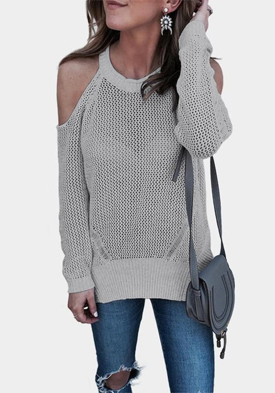 Grey Cut Out Sleeve Knitted Casual Going out Pullover Sweater