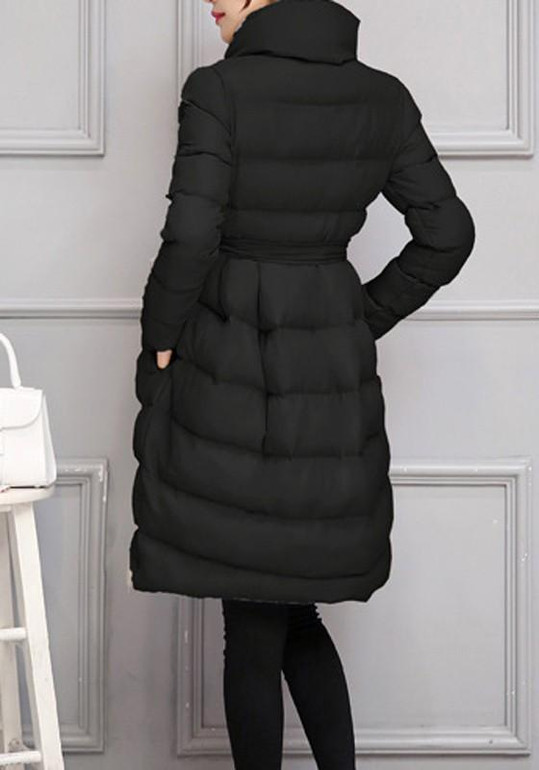Black Sashes Pockets Band Collar Long Sleeve Elegant Skater Down Coat