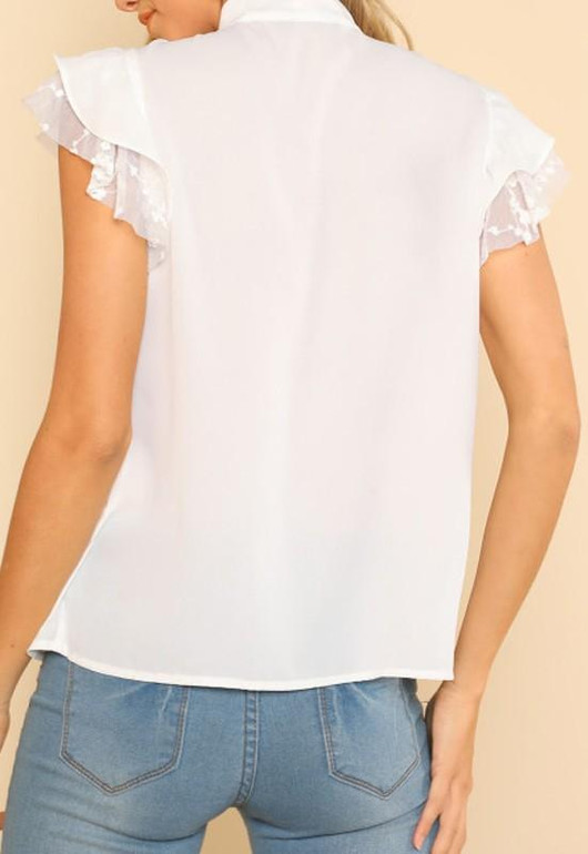 White Lace Ruffle Lace-up Chiffon Going out Blouse