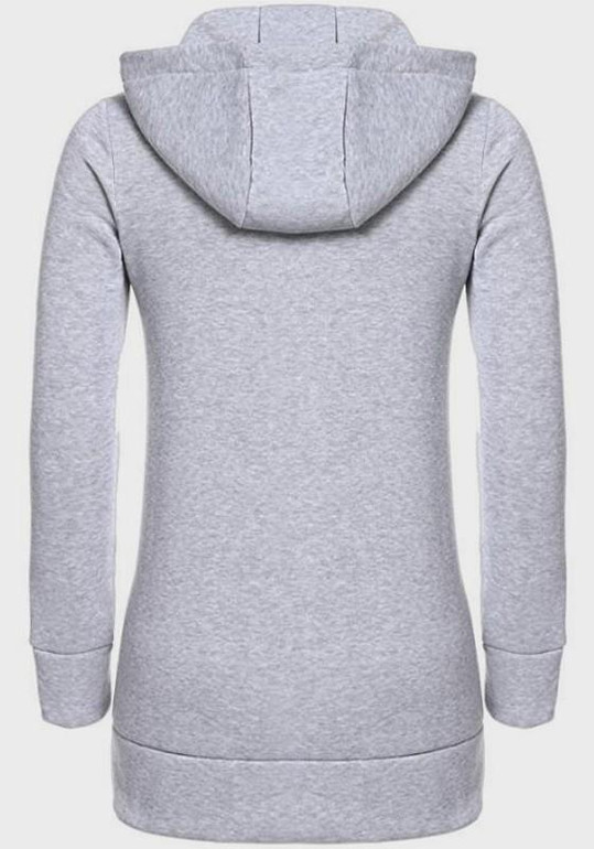 Grey Drawstring Zipper Pockets Hooded Long Sleeve Pullover Sweatshirt