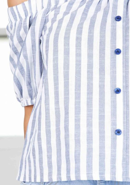 White-Blue Striped Boat Neck Off Shoulder Buttons Zipper Fashion Blouse