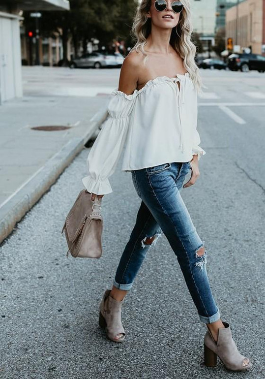 White Plain Drawstring Ruffle Boat Neck Fashion Blouse White Plain Drawstring Ruffle Boat Neck Fashion Blouse