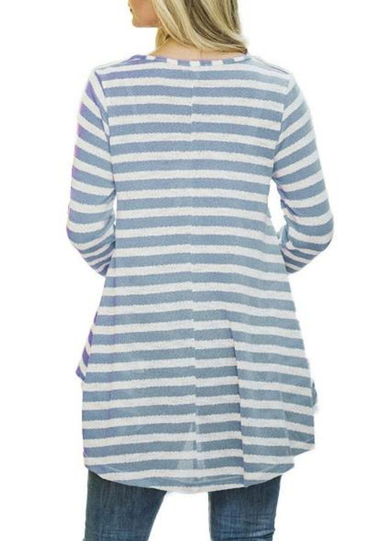 Sky Blue Striped Print Lace Irregular High-Low Swallowtail Casual T-Shirt