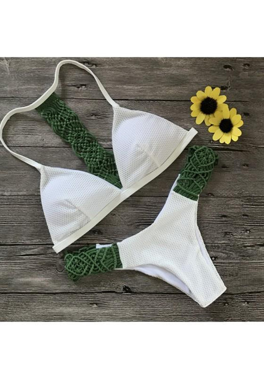 Army Green Patchwork Condole Belt 2-in-1 V-neck Knit Swimwear