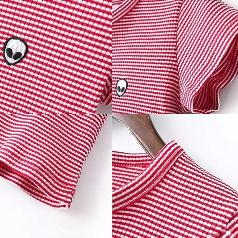 Red Striped Alien Embroidery Crop Round Neck Short Sleeve T-Shirt Red Striped Alien Embroidery Crop Round Neck Short Sleeve T-Shirt