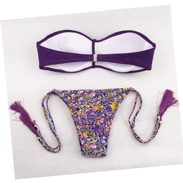 Purple Floral 2-in-1 Tassel Chain Bandeau V-neck Swimwear