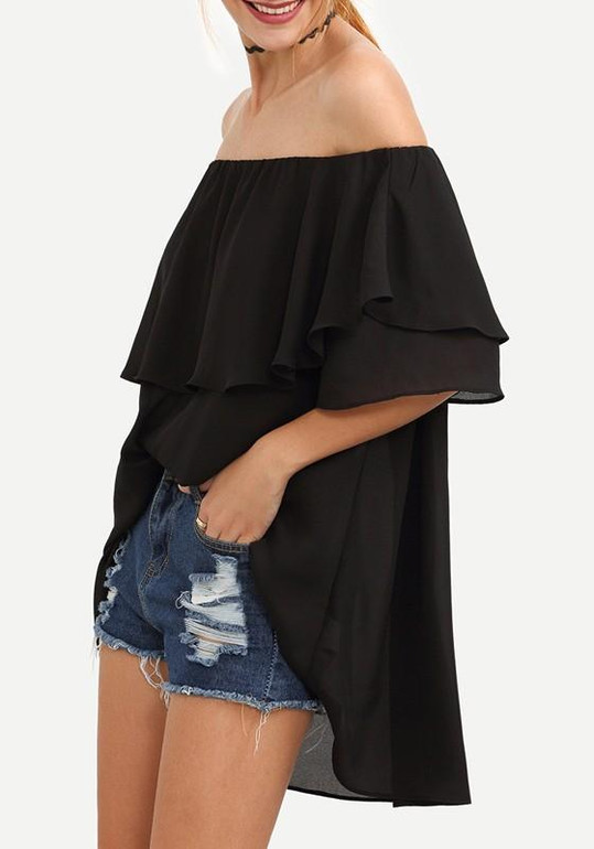 Black Ruffle Irregular Chiffon Off Shoulder Backless Going out Blouse