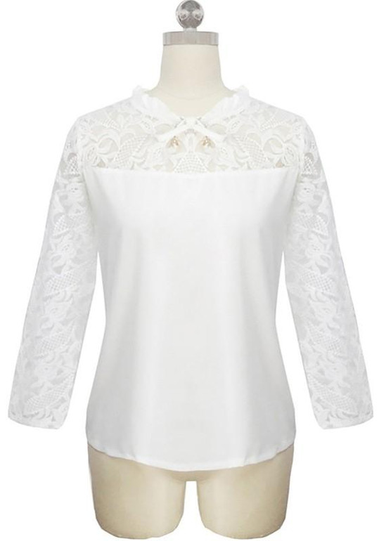 White Patchwork Lace Round Neck Long Sleeve Elegant Blouse