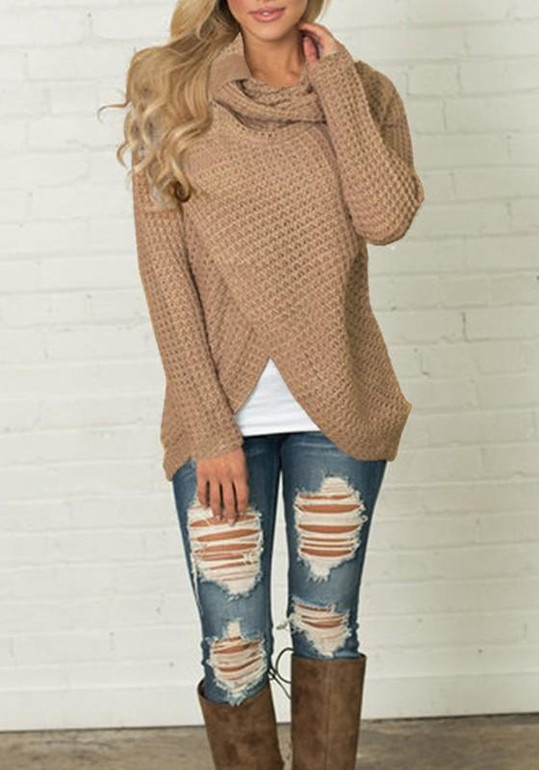Khaki Studded Irregular Cowl Neck Long Sleeve Fashion Pullover Sweater