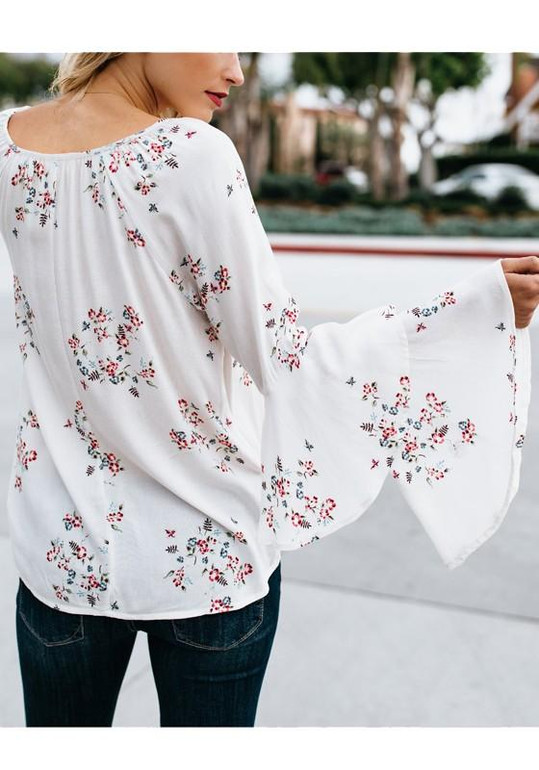 White Flowers Print Lace-up Flare Sleeve Round Neck Going out Blouse