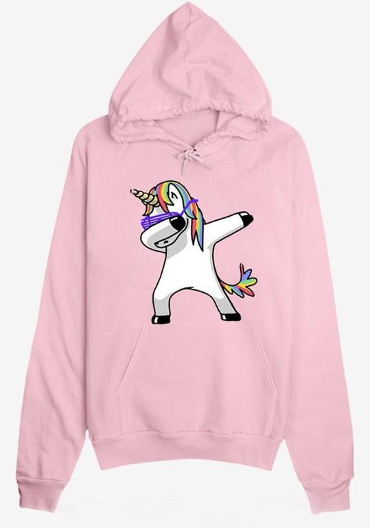 Pink Unicorn Print Drawstring Pockets Fashion Pullover Hooded Sweatshirt