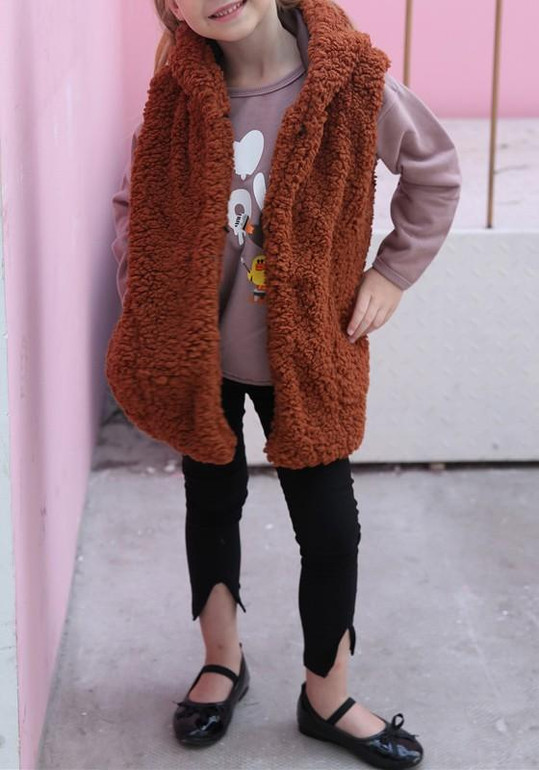 Brown Pockets Sleeveless Kid Baby Cute Fashion Hooded Winter Faux Fur Coat