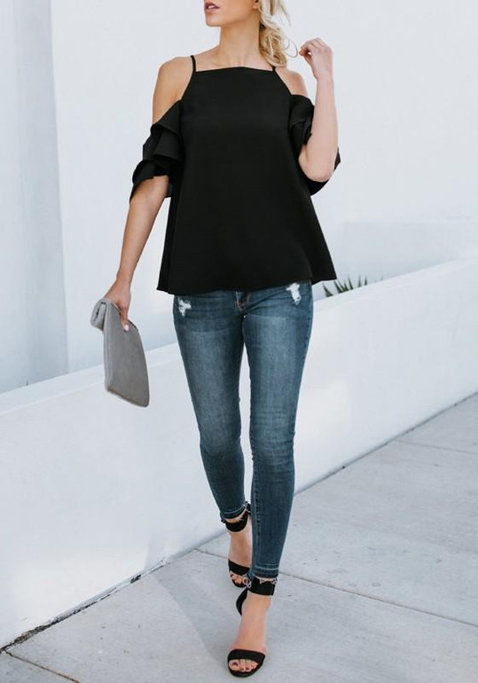 Black Cascading Ruffle Cut Out Spaghetti Strap Sweet Going out Blouse Black Cascading Ruffle Cut Out Spaghetti Strap Sweet Going out Blouse
