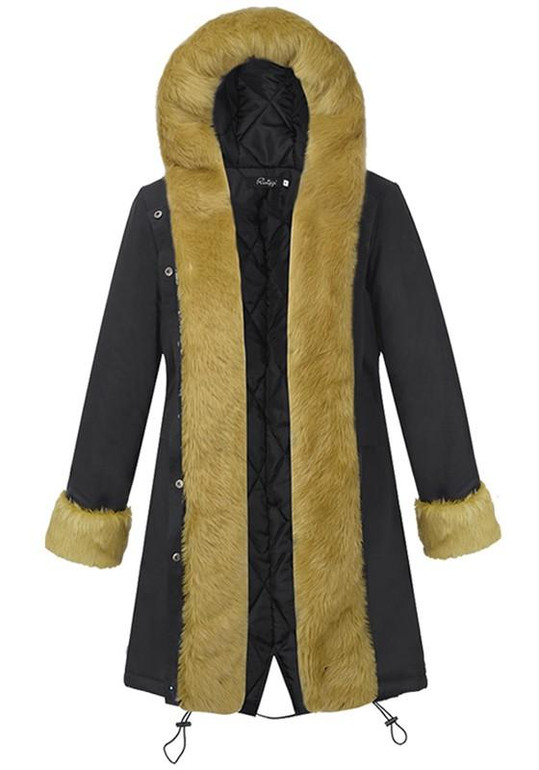 Black Patchwork Irregular Pockets Hooded Long Sleeve Faux Fur Thick Coat
