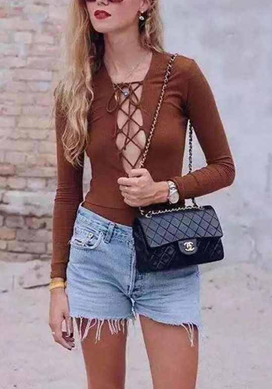 Camel Plain Lace-up Hollow-out Deep V Long Sleeve Backless T-Shirt