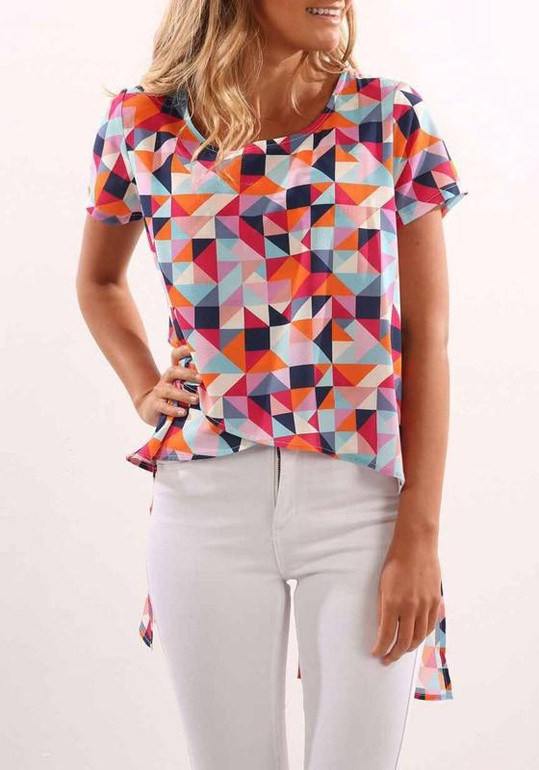Multicolor Geometric Print Irregular Slit High-low Short Sleeve Casual T-shirt