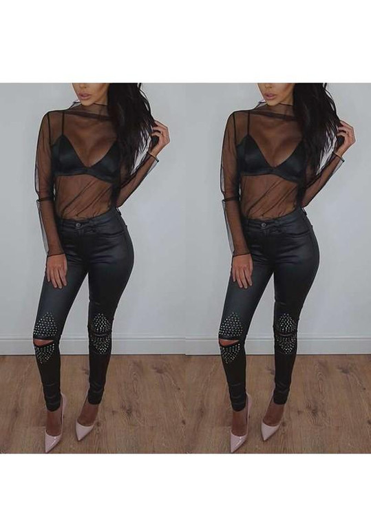 Black Patchwork Grenadine Long Sleeve Slim Blouse